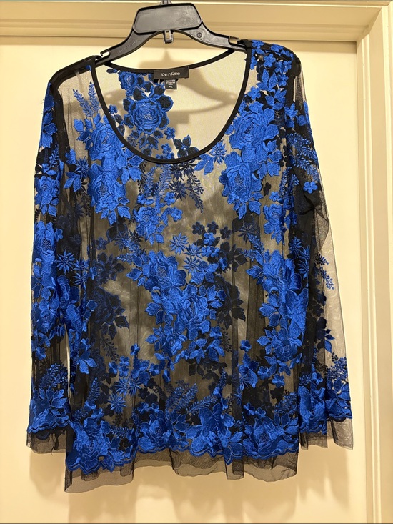 Karen Kane Tops - Karen Kane Black Sheer Top with Royal Blue Floral Embroidery
